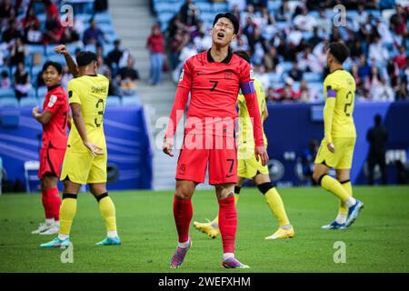 Doha, Katar, 25. Januar 2024, AFC Asian Cup Katar 2023 Gruppe E - Südkorea 3:3 Malaysia, Joeng Woo-yeong und Son Heung-min Ergebnis für Südkorea, Faisal Halim Arif, Aiman Hanapi, Romel Morales Ergebnis für Malaysia. Stockfoto