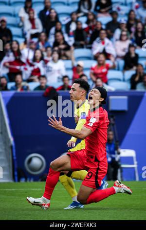 Doha, Katar, 25. Januar 2024, AFC Asian Cup Katar 2023 Gruppe E - Südkorea 3:3 Malaysia, Joeng Woo-yeong und Son Heung-min Ergebnis für Südkorea, Faisal Halim Arif, Aiman Hanapi, Romel Morales Ergebnis für Malaysia. Stockfoto