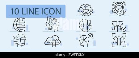 Symbol für künstliche Intelligenz: Set Line. Prozessor, Internet, Kommunikation, Technologie. Hintergrund in Pastellfarbe. Vektorsymbol für Unternehmen und Werbung Stock Vektor