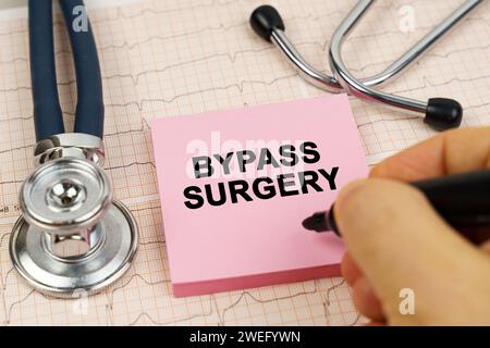 Medizinisches Konzept. Auf den Kardiogrammen befinden sich ein Stethoskop und ein Aufkleber mit der Aufschrift - Bypass-Chirurgie Stockfoto