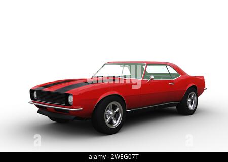 Rotes Retro-amerikanisches Muscle Car. 3D-Abbildung auf weißem Hintergrund. Stockfoto