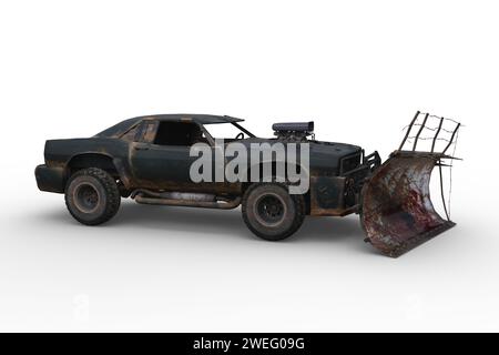 Seitenansicht eines postapokalyptischen Fahrzeugs mit blutbeflecktem Pflug zur Beseitigung von Zombies. 3D-Illustration isoliert auf weißem Hintergrund. Stockfoto