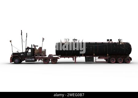 Seitenansicht eines postapokalyptischen Knicklagers. 3D-Illustration isoliert auf weißem Hintergrund. Stockfoto