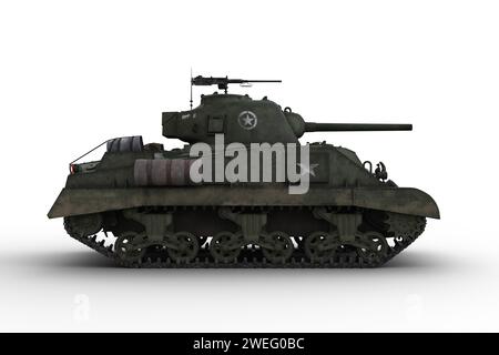 Seitenansicht eines grünen Militärpanzers. 3D-Illustration isoliert auf weißem Hintergrund. Stockfoto