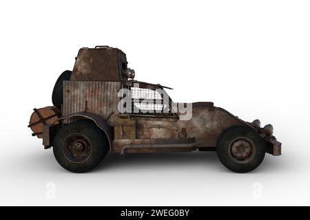 Postapokalyptisches Konzeptfahrzeug mit rostigem Wellblech-Schutz. 3D-Illustration der Seitenansicht, isoliert auf weißem Hintergrund. Stockfoto