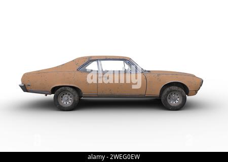 Altes rostiges gelbes Retro-amerikanisches Muscle Car. 3D-Illustration der Seitenansicht, isoliert auf weißem Hintergrund. Stockfoto