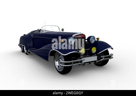Großer, dunkelblauer Oldtimer mit offenem Oberdeck. 3D-Illustration isoliert auf weißem Hintergrund. Stockfoto