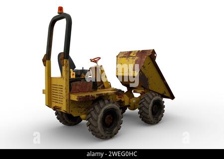 Schmutziger gelber Muldenkipper mit schlammigen Reifen aus der Heckperspektive. 3D-Illustration isoliert auf weißem Hintergrund. Stockfoto