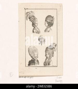 Fünf Damenfrisuren, Daniel Nikolaus Chodowiecki, 1778 drucken vier Damenköpfe mit verschiedenen hohen Frisuren, mit oder ohne Kopfbedeckung. In der Mitte ein Pudding mit einem Strohhut. Der zweite Zustand (N.A. RPK) ist mit Zahlen und Namen der Frisuren ausgestattet: Oben links = 1: Coefage de Noce; rechts = 2: Herisson; Mitte = 3: Philantropin; unten links = 4: Konservierungsmittel, rechts = 5: Herison Néglige. Papier ätzende Frisuren (HERISSON) - AA -  Frauen. Kopfbedeckung (+ Damenkleidung). Kopfbedeckung: Hut (+ Kinderkleidung) Stockfoto