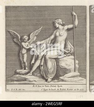 Venus in Liebe, Pietro Sante Bartoli, nach Rafaël, 1645 - 1700 Druck Venus sitzt auf einem Felsen und hält die Hand Amors. Drucken ist Teil eines Albums. Papierätzung / Gravur Venus und Cupid (Cupid ist nicht nur Attribut) Stockfoto