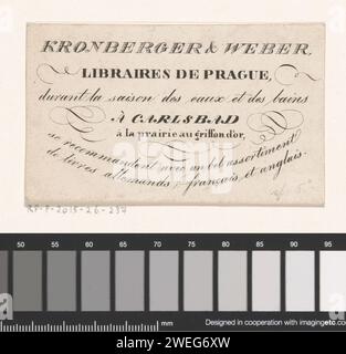 Visitenkarte von Kronberger & Weber, Buchhandlung in Prag, ca. 1825 - ca. 1875 Druckankündigung der Buchhandlung Kronberger & Weber, dass sie während der Kursaison in Karlsbad zu finden sind, mit einem Angebot an deutschen, französischen und englischen Büchern. Pappbewässerung, Spa. Buchhandlung, Buchhändler Stockfoto