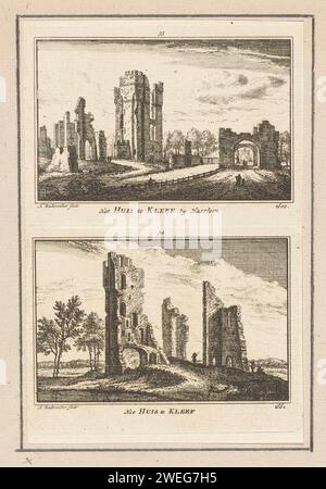 Zwei Gesichter auf der Ruine von Huis ter Kleef in Haarlem, 1660 und 1661, Abraham Rademaker, 1725–1803 drucken über einem Gesicht auf der Ruine von Huis ter Kleef in Haarlem, in der Situation um 1600. Rechts zwei Wanderer am Eingang. Unter einem Gesicht auf derselben Ruine, in der Situation um 1661. Papierätzung / Gravur Ruine einer Wohnung, eines Hauses, einer Burg usw. Haus Ter Kleef Stockfoto