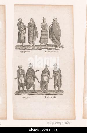 Ägypter, Berber, Afrikaner und Choikhoi in traditioneller Tracht, Anonym, ca. 1750 - ca. 1800 drucken acht Figuren aus verschiedenen Regionen Afrikas. Papierätzung asiatischer Rassen und Völker (ÄGYPTER). Afrikaner (BERBER). Afrikaner. Choikhoi Stockfoto