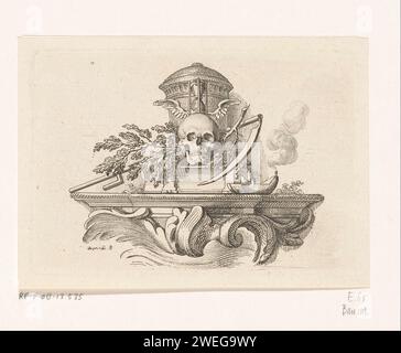 Vanitass-Symbole, Daniel Nikolaus Chodowiecki, 1770 Druckpapier, das Schädel als Symbol für „Vanitas“ graviert. Öllampe (+ erlischt; erlischt Licht, Lampe, Kerze). Buch. Andere Allegorien der Zeit, z. B. „Tempo“ (Ripa) Stockfoto