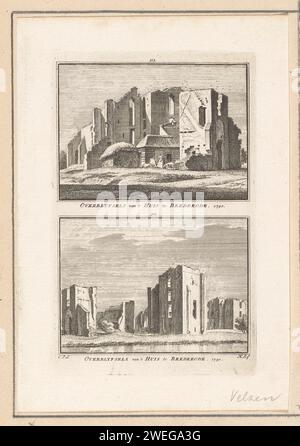 Zwei Gesichter auf der Ruine von Brederode Castle, 1740, Hendrik Spilman, nach Cornelis Pronk, 1752–1792, drucken zwei Gesichter auf der Ruine von Brederode Castle in Santpoort-Zuid bei Haarlem, beide in der Lage um 1740. Papierätzung / Gravur Ruine einer Wohnung, eines Hauses, einer Burg usw. Ruine von Schloss Brederode Stockfoto