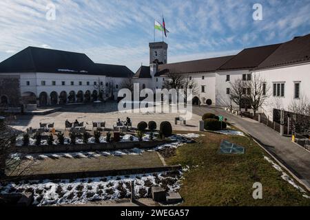 Schloss Ljubljana, im Winter verschneite Innenräume. Slowenien Stockfoto