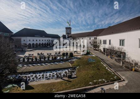 Schloss Ljubljana, im Winter verschneite Innenräume. Slowenien Stockfoto