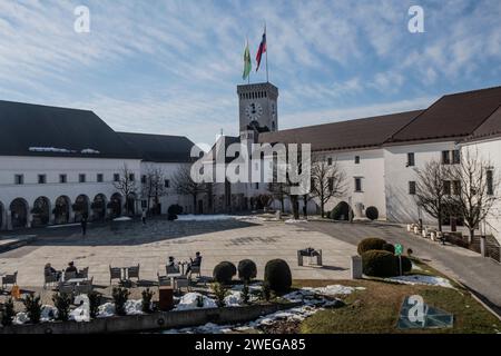 Schloss Ljubljana, im Winter verschneite Innenräume. Slowenien Stockfoto