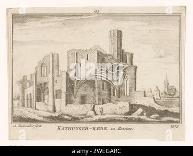 Blick auf die Ruinen der Kartäuserkirche bei Delft, 1573, Abraham Rademaker, 1725 - 1803 Drucken Blick auf die Ruine der Kirche im Kartäuserkloster „Sint-Bartholomeus in Jerusalem“ bei Delft, in der Lage, in der Situation um 1573. Im Vordergrund einige Figuren. Im Hintergrund die Konturen von Delft. Papierätzung / Gravur Ruine der Kirche, des Klosters usw. Aussicht auf die Stadt, Stadtpanorama, Silhouette des Kartäuserklosters „Sint-Bartholomeus in Jerusalem“ Stockfoto