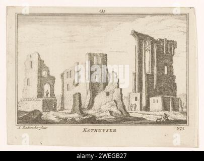 Ansicht der Ruine des Kartäuserklosters bei Delft, 1573, Abraham Rademaker, 1725 - 1803 Drucken Ansicht der Ruinen des Kartäuserklosters „Sint-Bartholomeus in Jerusalem“ 1572 bei Delft, in der Lage um 1573. Im Vordergrund stehen Figuren und ein Hund. Papierätzung / Gravur Ruine der Kirche, des Klosters usw. Hunde-Kartäuserkloster „Sint-Bartholomeus in Jerusalem“ Stockfoto