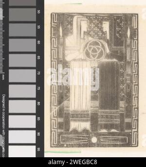 Zwei Figuren mit einem Kreis mit Ringen, Mathieu Lauweriks, 1895 drucken zwei Figuren in langen Gewändern; die linke in weiß und die rechte in schwarz. Zusammen halten sie einen Kreis mit drei Borromäischen Ringen. Die Sonne unter ihren Füßen. Transparentes Papier drei ineinander gekoppelte Kreise  Trinity Stockfoto