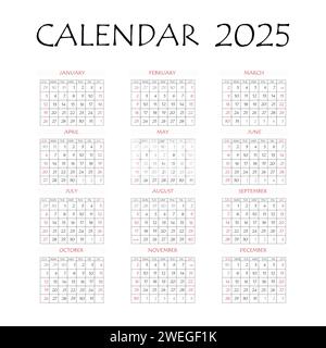 Kalenderplaner 2025. Unternehmenswoche. Vorlagenlayout, 12 Monate jährlich, weißer Hintergrund. Einfaches Design für Geschäftsbroschüren, Flyer, Printmedien Stock Vektor