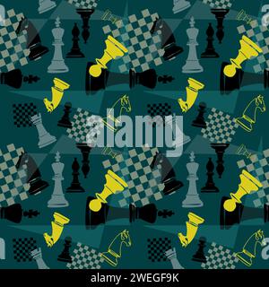 Nahtloses Doodle-Muster mit Schachfiguren und Sternen. Vektorillustration für die Gestaltung von Sportschach-Projekten. Stock Vektor