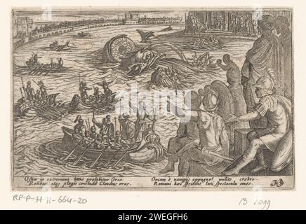 Römer kämpfen gegen ein Meeresungeheuer, Antonio Tempesta, 1605 gedruckte römische Soldaten auf Ruderbooten versuchen, ein Meeresungeheuer zu töten. Es gibt Zuschauer an der Küste. Lateinischer Text in STUDMARGE. Papierätzjäger. Monster des Meeres Stockfoto