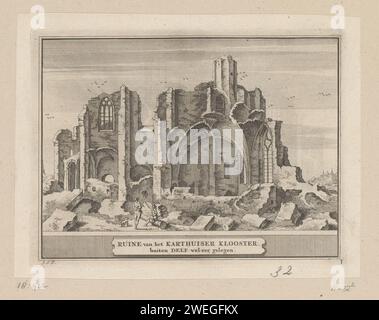 Blick auf die Ruine des Kartäuserklosters in der Nähe von Delft, Jacobus Schijnvoet, nach Roelant Roghman, 1711 - 1774 Drucken Blick auf die Ruine des Kartäuserklosters „Sint-Bartholomeus in Jerusalem“ in der Nähe von Delft im Jahr 1572. Im Vordergrund zwei Figuren und ein Hund. Vorgestellt: I. Papierätzung / Gravur Ruine von Kirche, Kloster usw. Kartäuserkloster „Sint-Bartholomeus in Jerusalem“ Stockfoto