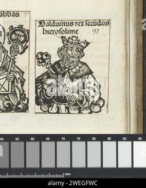 König Baudouin I. von Jerusalem, Michel Wolgemut (Werkstatt), 1493 drucken Sie Einen Blumenkelch mit einem König. Er hat einen Regierungsapfel und ein Zepter in der Hand. Der Text identifiziert den Mann als Boudewijn I. von Jerusalem, Nachfolger von Godfried van Bouillon. Der Ausdruck ist Teil eines Albums. Papier Letterpress Printing King Stockfoto