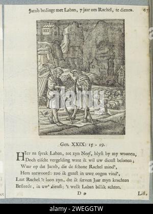 Jakob arbeitet seit sieben Jahren bei Laban, 1740 Druck im Austausch für Rachel, Jakob verpflichtet sich, sieben Jahre lang als Hirte für Laban zu dienen. Ein Titel über der Show. Unter sechs Versen und ein Verweis auf Genesis 29:15-19. Der Ausdruck ist Teil eines Albums. Jacob arbeitet sieben Jahre lang als Hirte im Austausch für Rachel Stockfoto