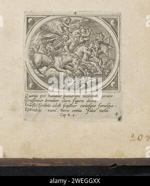 Die vier apokalyptischen Reiter, Adriaen Collaert (zugeschrieben), nach Jan Snellinck (I), drucken 1646, die die ersten vier Marken öffnen: Die vier apokalyptischen Reiter, 'Victorie', 'Krieg', 'Hunger' und 'Tod' trampeln die Menschheit. Über ihnen ein Engel mit einer Krone. Unter der Ausstellung ist ein lateinischer Verweis auf den Bibeltext in op. 6. Dieser Ausdruck ist Teil eines Albums. Papiergravur der vier Reiter der Apokalypse Stockfoto