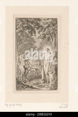 Musikalische Schlacht zwischen Apollo und Marsyas, Daniel Nikolaus Chodowiecki, 1784 Druck König Midas läuft vor Apollo und Marsyas weg. Zu Füßen Apollons sind Lorbeerkränze, die zusammen mit seinem Halo auf seinen Sieg verweisen. Papierätzwettbewerb von Apollo und Marsyas, in dem Midas ein Urteil abgibt (Hyginus, 'Fabularum Liber' 191). Er ehrt den Künstler mit Laurel Wreath. Fliegen, Weglaufen, Verfolgen Stockfoto