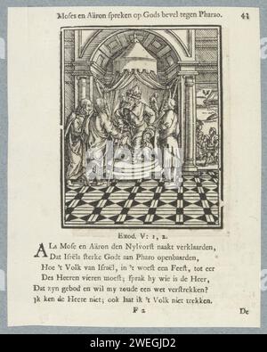 Moses und Aaron für Pharao, 1740 Druck Moses und Aaron bitten den Pharao, die Israeliten freizulassen. Links im Hintergrund arbeiten die Israeliten hart und werden als Sklaven behandelt. Ein Titel über der Show. Unter sechs Strophen und ein Verweis auf Exodus 5:1-2. Der Ausdruck ist Teil eines Albums. Buchdruckpapier Moses und Aaron konfrontieren Pharao (2. Mose 5-7:13) Stockfoto