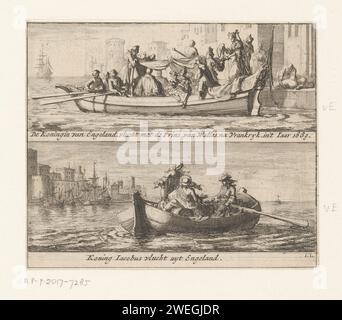 Flug vom König und der Königin nach Frankreich, 1688, Jan Luyken, 1689 gedrucktes Blatt mit zwei Aufführungen. Über dem Flug der Königin Maria von Modena nach Frankreich, 19. Dezember 1688. Unter dem Flug von König Jacobus II. Nach Frankreich, 20. Dezember 1688. Oben rechts markiert: Fol. 800 (bei dieser Kopie abgeschnitten). Papierätzung Flucht des Lineals vor dem Gegner Stockfoto