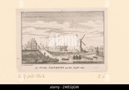 Blick auf die alte Marina in Amsterdam, 1652, Abraham Rademaker, 1725 Druckpapier-Ätzhafen. Stadttor. Windmühle Amstel (Fluss). Blauwbrug. Zweiter Sint-Antoniepoort Stockfoto