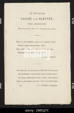 Textblatt bei einem Porträt von Jacob van Haeften, Gerardus Dorn Seiffen, 1827 Textblatt nach dem Text: „In effigiem Jacobi van Haeften, Viri Amicissimi“ folgen einem lateinischen Gedicht (von Gerardus Dorn Seiffen) und einem niederländischen Gedicht (von Pieter Gerardus Witsen Geysbeek). Papier Buchdruck Drucksachen Stockfoto