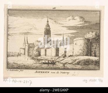 Ansicht von Asperen, Abraham Rademaker, 1725 - 1803 Druck Ansicht von Asperen und ein Teil der Stadtmauer, vom Wasser aus gesehen. Im Vordergrund drei Figuren in einem Ruderboot. Die Kirche in der Mitte. Links im Hintergrund die Heukelumse Poort. Papierätzung / Gravur Stadttor. Kirche (außen). Ruderboot, Kanu usw. Stadtmauern Asperen. Die salzigen ** Stockfoto