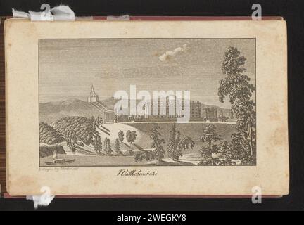 Blick auf den Bergpark und Schloss Wilhelmshöhe bei Kassel, Anonym, 1770 - 1816 Druck handschriftlicher Text auf der Verso. Papier. Tusche Ätzen / Schreiben (verarbeitet) 'Album amicorum', 'Stammbuch'. Landschaft mit Turm oder Schloss Kassel. Bergpark Wilhelmshöhe Stockfoto
