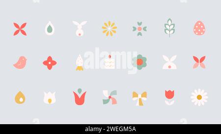 Frohe ostern-Elemente. Farbenfrohe einfache Vektorsymbole mit abstraktem Häschen, Vogel, Blumen, Tulpe. Stock Vektor