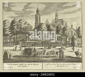 Ansicht der Grote Kerk in den Haag, Adolf van der Laan (zugeschrieben), nach Daniël Marot (II), in oder nach 1717 Druck Ansicht der Grote Kerk, auch Sint-Jacobskerk genannt, in den Haag. Von der Seite des Fischmarktes aus gesehen. Papierätzung / Gravurkirche (außen). Straße (+ Stadt (-Landschaft) mit Zahlen, Personal). Market Big Church. River Fish Market Stockfoto