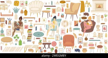 Gemütliches Heim Hygge Möbelset. Wohnzimmereinrichtung. Mädchen lesen Bücher und trinken Tee im Sessel. Stock Vektor