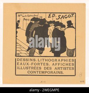 Visitenkarte des Druckers Edmond Sagot in Paris, 1892 Druckleute auf dem Bürgersteig für das Schaufenster von Edmond Sagot. Kunsthändler für Papierkunst. Kunstsammlung. Schaufenster, Schaufenster Guénégaud Street Stockfoto