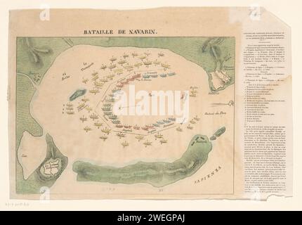 Seeschlacht bei Navarino, 1827, Anonym, 1827 Print Seeschlacht bei Navarino (Pylos), 20. Oktober 1827, während des griechischen Unabhängigkeitskrieges. Seeschlacht zwischen der alliierten Flotte und der türkisch-ägyptischen Flotte. Karte der Bucht mit den Flotten in Schlachtordnung. Rechts eine gedruckte Legende. Aus dem Journal du Manneken. Papier Buchdruck Kampf (+ Segelschiffe) Navarino Stockfoto