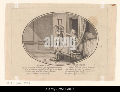 Frau steckt Dolch in das Herz des gehängten Louis Philipp II. Von Orléans, Anonym, 1792 Print Anti-Revolutionär-Zeichentrickfilm. Der Herzog von Orléans (Philippe Egalité) hing sich nach seinem „Retour de Conscience“. Unter dem Stuhl liegt das Zeichen des Ordens des Heiligen Geistes. Mit acht Linien frisch auf Französisch. Papierätzung sucht Tod, Selbstmord. Gewaltsamer Tod durch Erhängen. Hacker- und Schubwaffen: Dolch. Schlafzimmer. Politische Karikaturen und Satiren Stockfoto