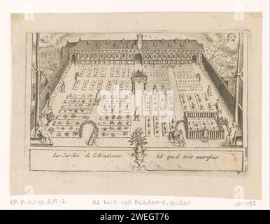 Blick auf den Hortus Botanicus in Leiden, Anonym, 1712 Print Blick auf den Hortus Botanicus in Leiden, hinter dem Akademiebau, wie er irgendwo in der Zeit nach dem Abriss des alten Turms des Akademischen Gebäudes (vor 1600) und vor dem Bau des neuen Turms (1670) aussah. Unten rechts nummeriert: 4. Papiergravur Universitätsgebäude, College. botanischer Garten, „hortus botanicus“ Hortus Botanicus. Akademie Gebäude Stockfoto