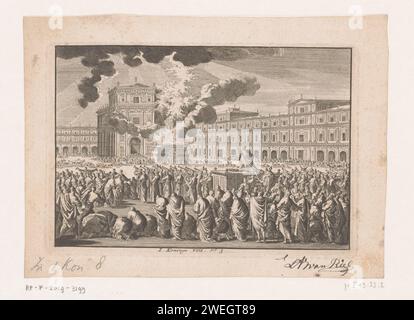 Initiation of the Temple of Salomo, Jan Luyken, 1703–1762 Druckpapier mit der Ätzung der Bundeslade wird in den Tempel gebracht; eine Wolke füllt das Haus des Herrn. Das Gebet Salomos; Salomo kniet vor dem Altar Stockfoto