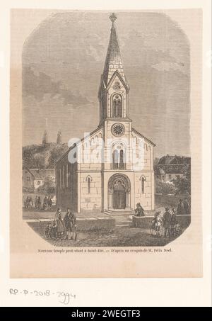 Neues protestantisches Kirchengebäude in Saint-Dié-des-Vosges, Edouard Renard, 1856 Druck Außenansicht eines Kirchengebäudes, mit Figurengruppen rund um die Uhr. Druckgebäude der Kirche Saint-Dié-des-Vosges Stockfoto