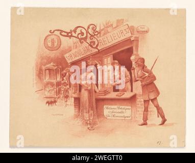 Visitenkarte von Boekbinder Henri Noulhac in Paris, nach 1894 - 1931 drucken Szene aus dem achtzehnten Jahrhundert. Für die Fassade der Buchbinderei steht eine reich gekleidete Dame im Gespräch mit dem Buchbinder, zwischen ihnen auf der Theke befindet sich ein Stapel Bücher. Im Vordergrund kommt ein Mann rennend, im Hintergrund ein Sedanstuhl mit Lackei und eine schwarze Seite mit Turban mit zwei gefütterten Hunden. Buchbinderpapier. Schaufenster anzeigen. (Trägt eine Person auf einem) Müll, Trage Mazarine Street Stockfoto