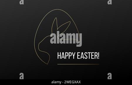 Glückwunschkarte mit goldenem Rahmen in Eierform, Osterkaninchen-Silhouette. Osterhase-Logo. Schwarzer Hintergrund und weißer Happy Easter Text Stock Vektor